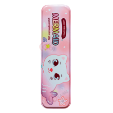 Cartoon Hardtop 2 Compartment Small Size Metal Pencil Box - Mermaid Cat Design, Pink Colour