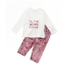 Girls Full Sleeves Cotton and Velvet Night Suit Slogan Print - Pink White