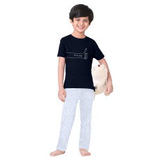 Boys Half Sleeves T-shirt and Bottom Nightsuit Slogan Print - Navy Blue & Grey