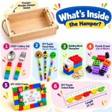 Lego Rakhi Hamper – Creative Gift Basket with Lego Frame, Pencil, Cutlery Set, Sharpener & Rakhi