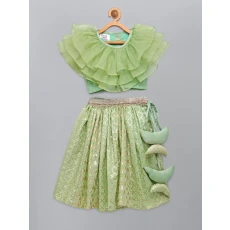 Lime Green  Organza Ruffled blouse with Cotton Zari Lehnga