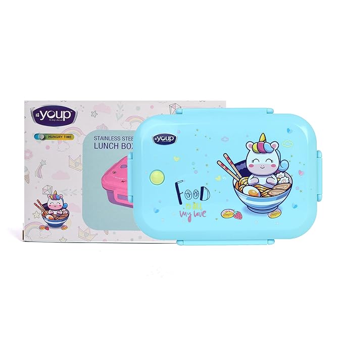 Stainless Steel Green Blue Color Unicorn Theme Kids Bento Lunch Box With 3 Compartments and Spoon HUNGRY TIME - 900 ml