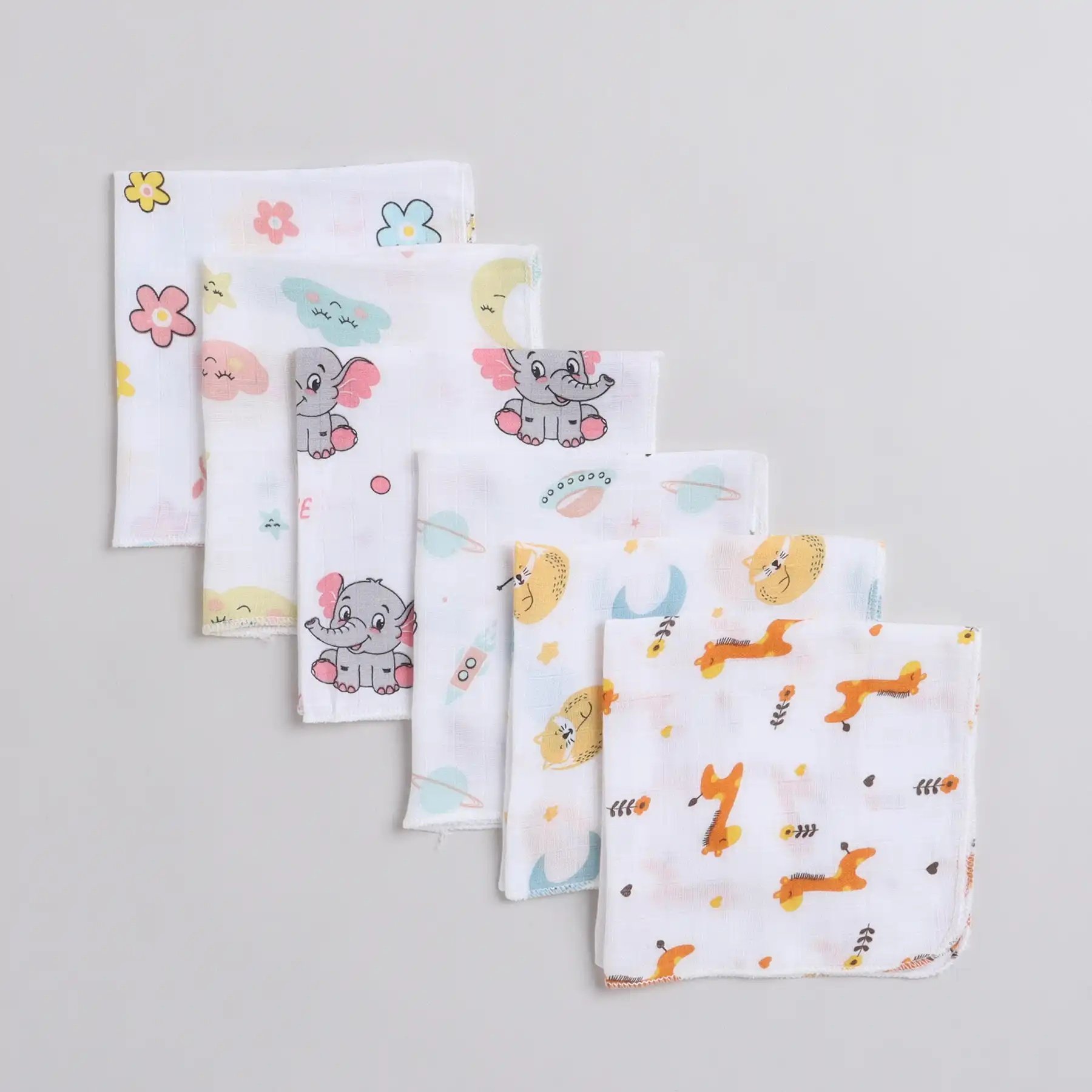 2 Layer Muslin Cotton Soft and Quick Absorbing Washcloth Reusable Face Towels Hankies Printed Napkin Set for Babies Infants Kids - WCL42 Combo P3