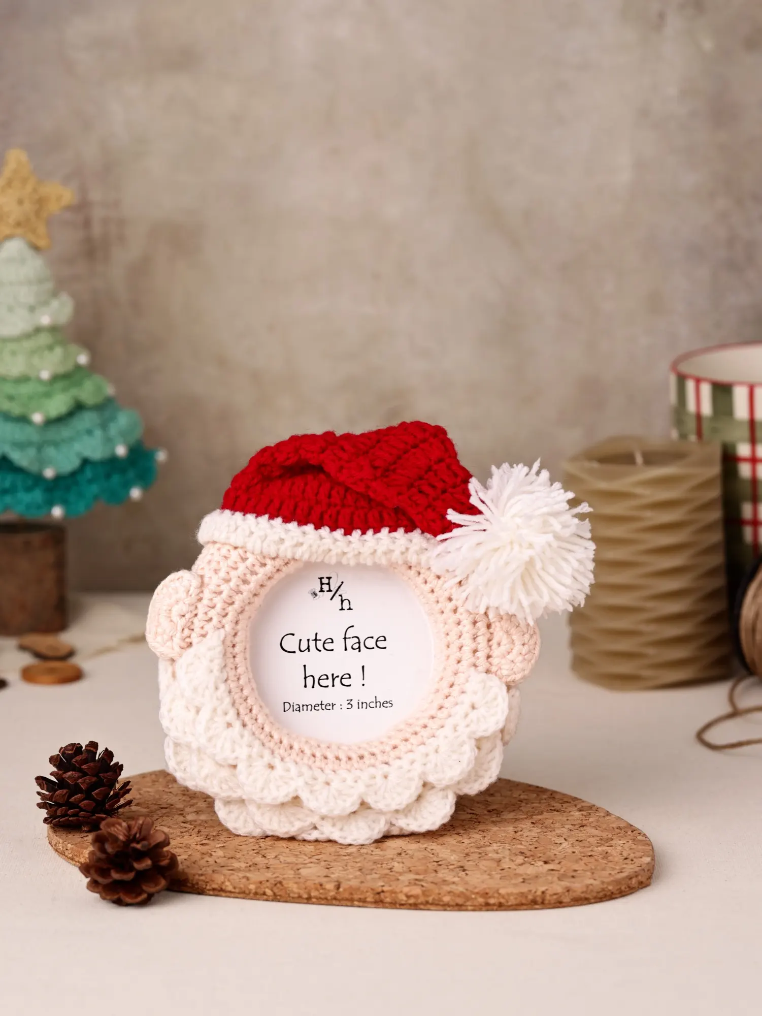 Handmade Santa photo ornament with crochet trim