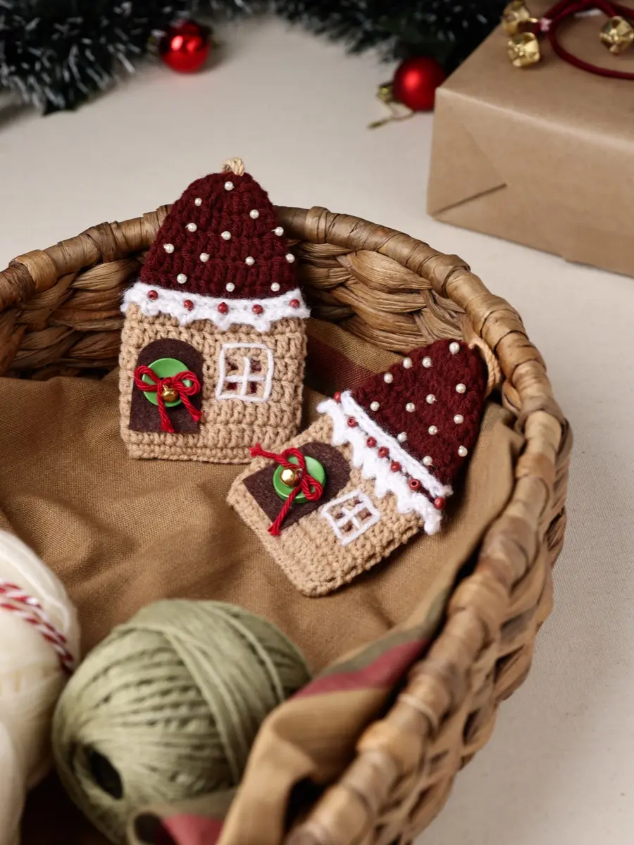 Pair of handmade crochet gingerbread house Christmas ornaments
