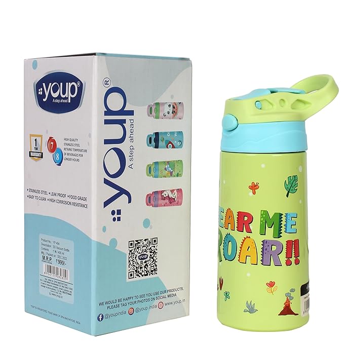 Stainless steel insulated Blue and green color Dinasour theme kids anti - dust sipper bottle TINKLER - 400 ml