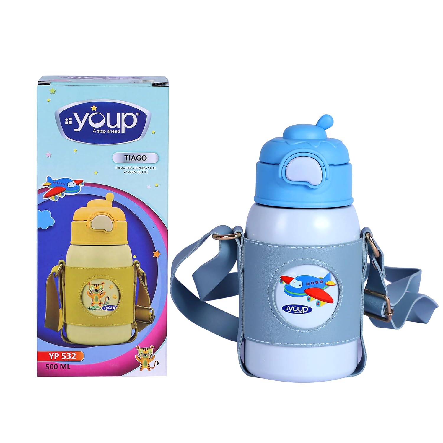 Stainless Steel Blue Grey Color Aeroplane Print Kids Insulated Sipper Bottle with Leather Cover and Strap TIAGO - 500 ml